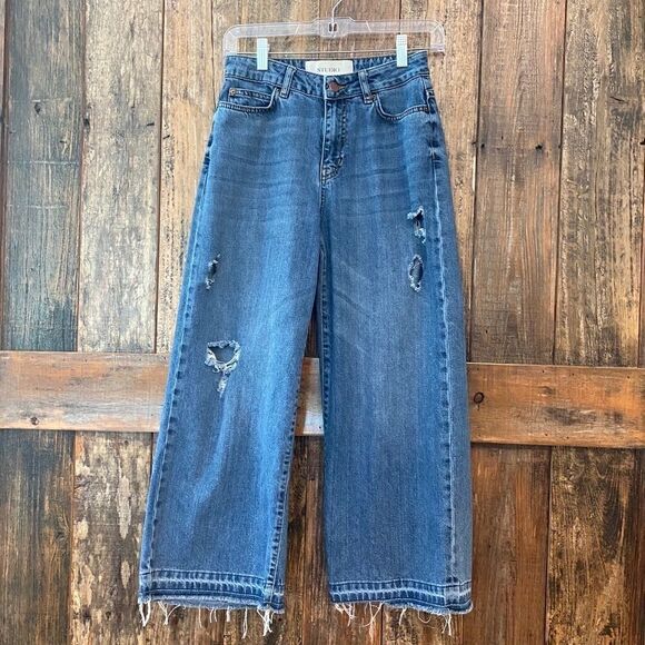 Studio Only 34 Blue Denim HighWaisted Raw Hem Wide Leg Distressed Jeans - Picture 2 of 13